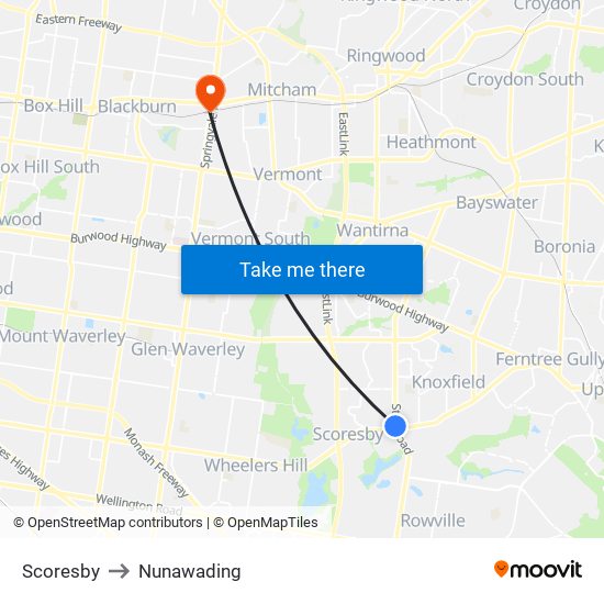 Scoresby to Nunawading map