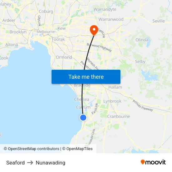 Seaford to Nunawading map