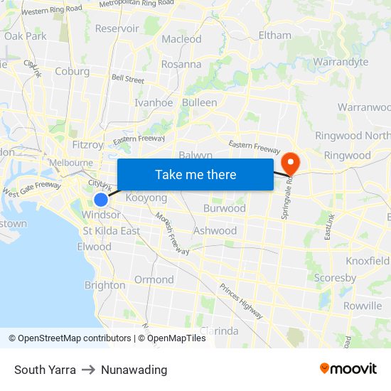 South Yarra to Nunawading map