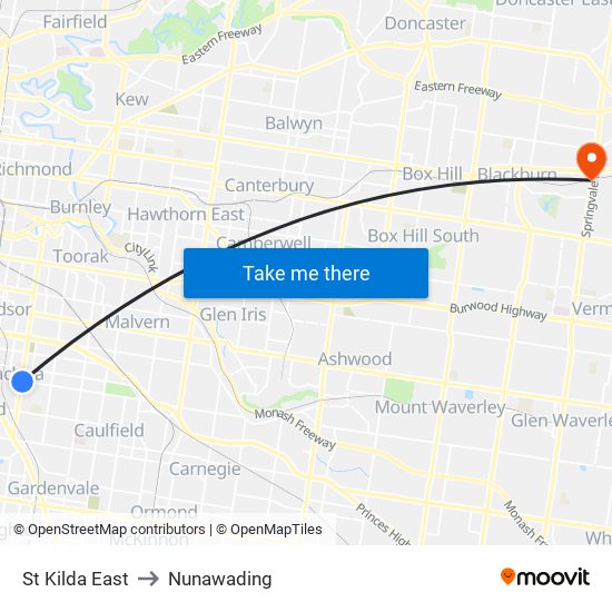 St Kilda East to Nunawading map