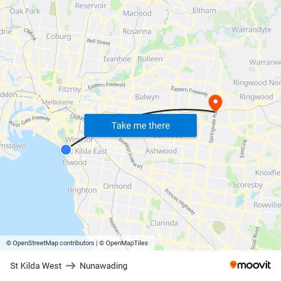 St Kilda West to Nunawading map