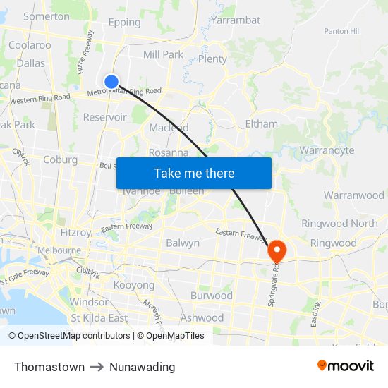 Thomastown to Nunawading map