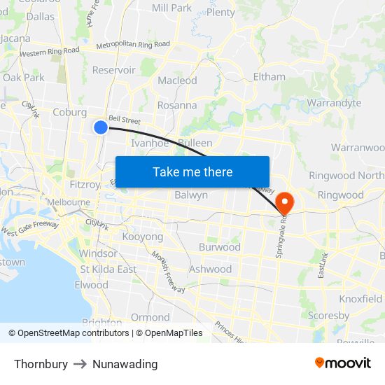Thornbury to Nunawading map