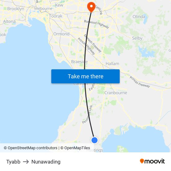 Tyabb to Nunawading map