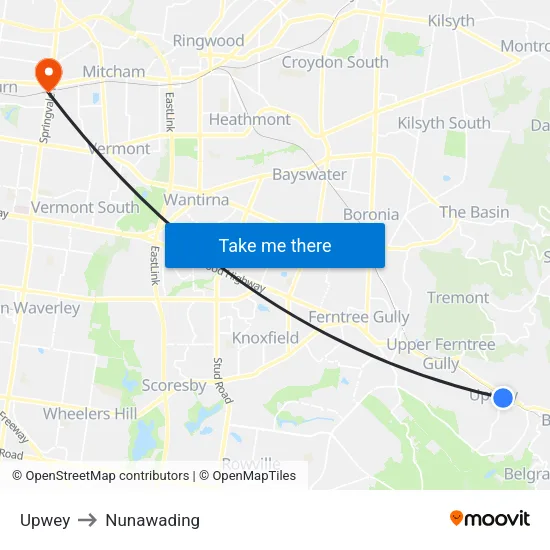Upwey to Nunawading map