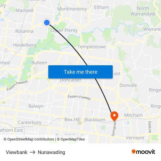 Viewbank to Nunawading map