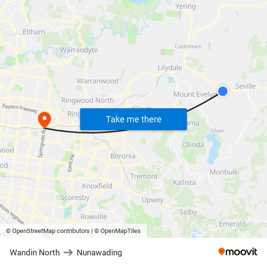 Wandin North to Nunawading map