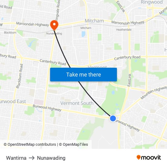 Wantirna to Nunawading map