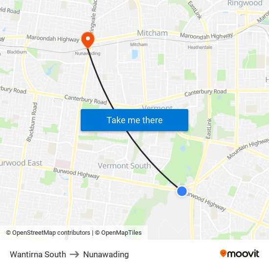 Wantirna South to Nunawading map