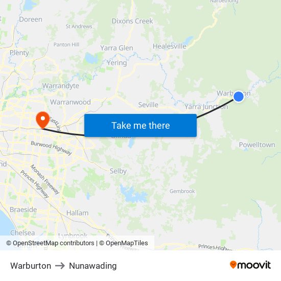 Warburton to Nunawading map