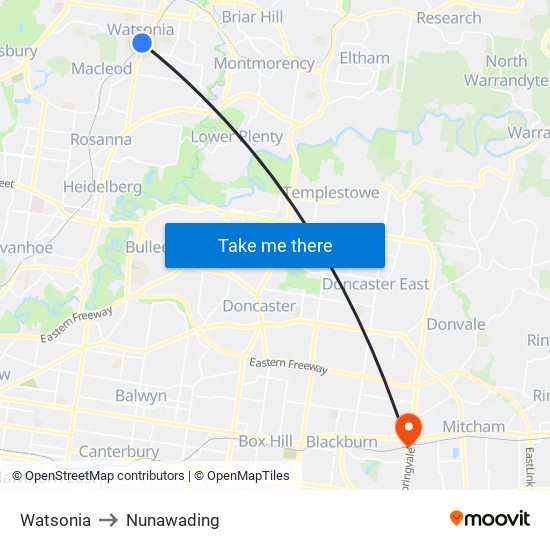 Watsonia to Nunawading map