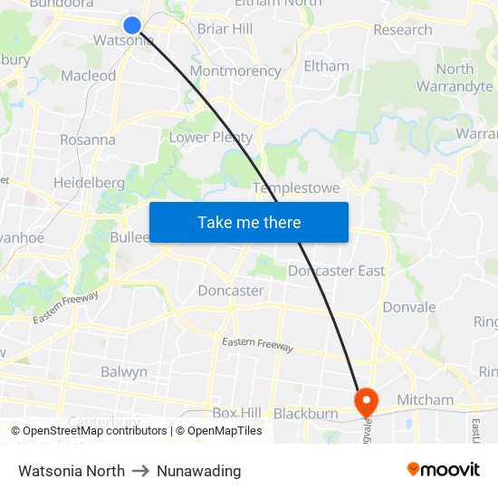 Watsonia North to Nunawading map