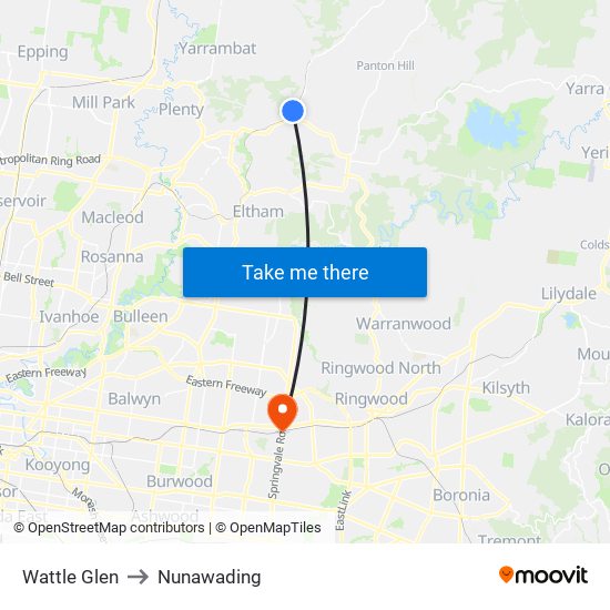 Wattle Glen to Nunawading map
