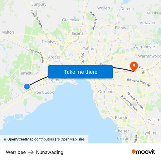 Werribee to Nunawading map