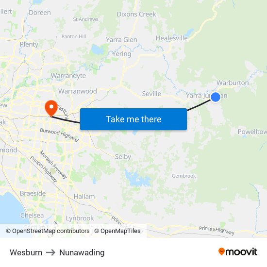 Wesburn to Nunawading map