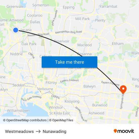 Westmeadows to Nunawading map