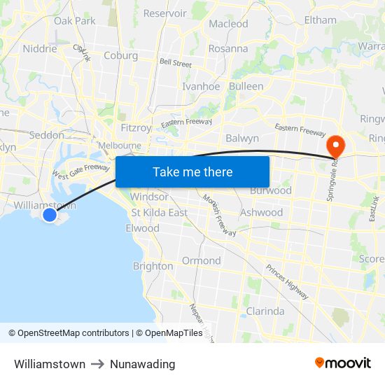 Williamstown to Nunawading map