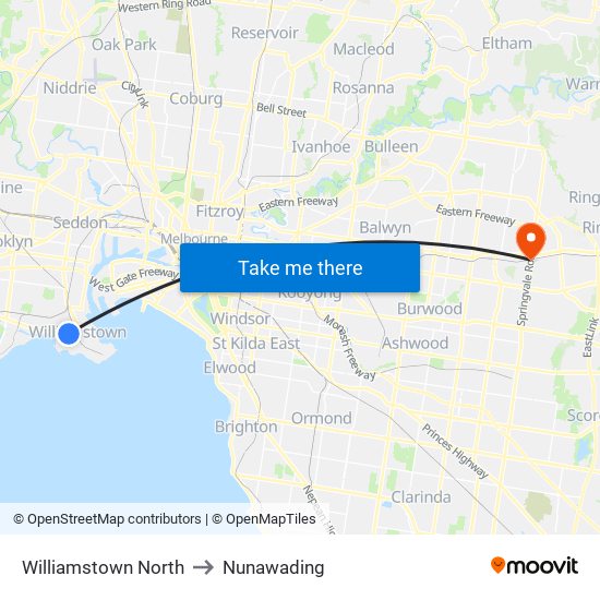 Williamstown North to Nunawading map