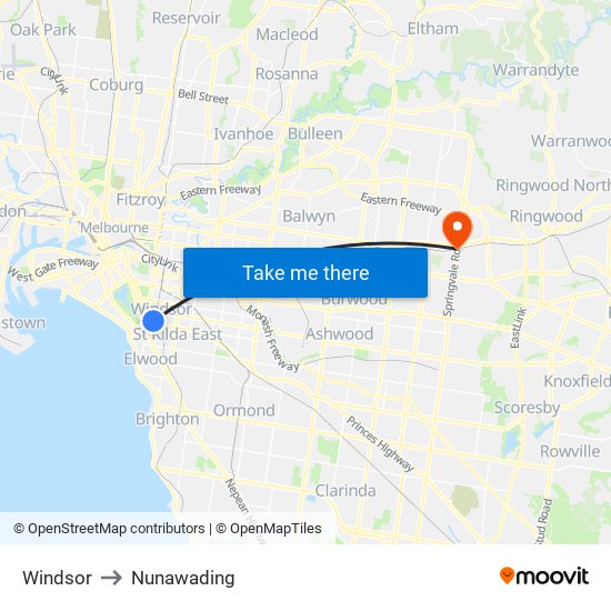 Windsor to Nunawading map