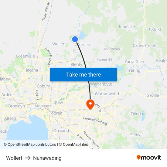 Wollert to Nunawading map