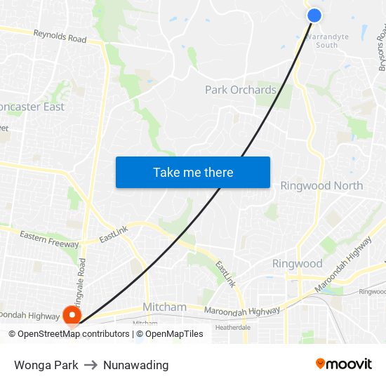 Wonga Park to Nunawading map