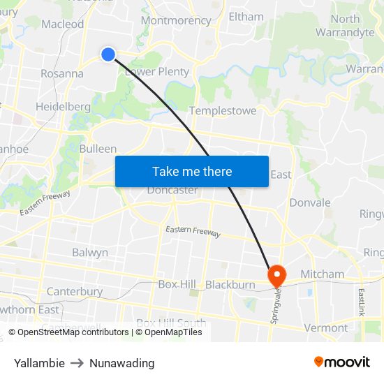 Yallambie to Nunawading map