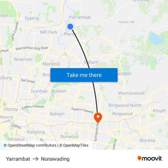 Yarrambat to Nunawading map