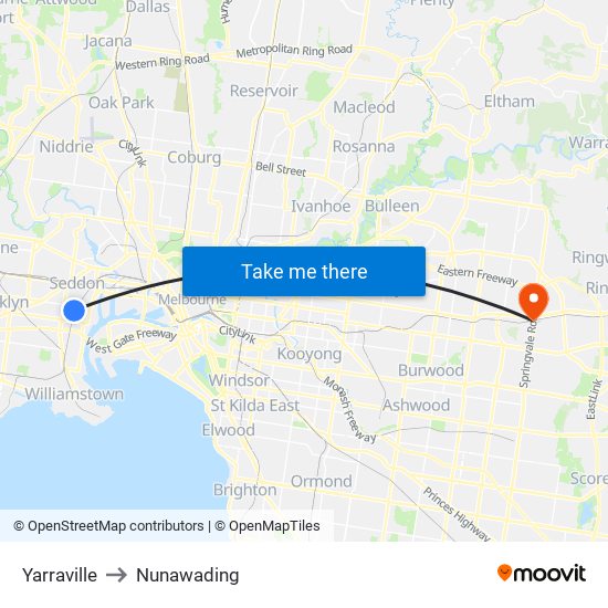 Yarraville to Nunawading map