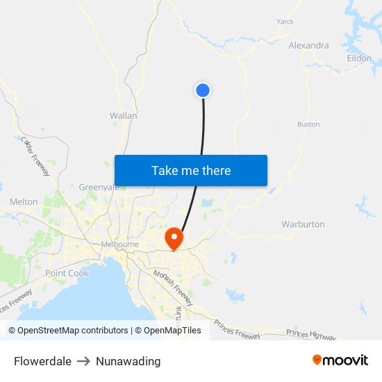 Flowerdale to Nunawading map