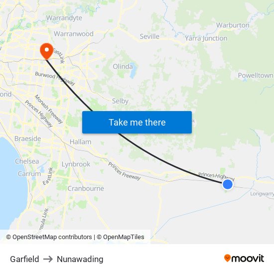 Garfield to Nunawading map