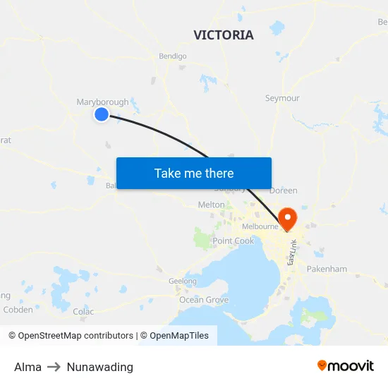 Alma to Nunawading map