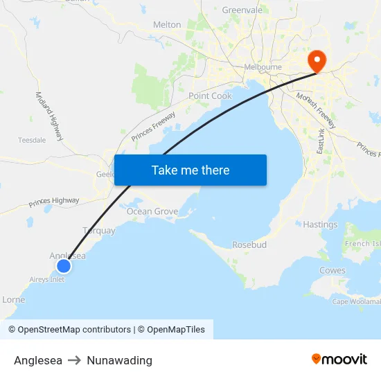 Anglesea to Nunawading map