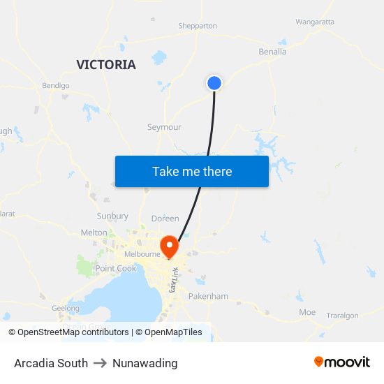 Arcadia South to Nunawading map