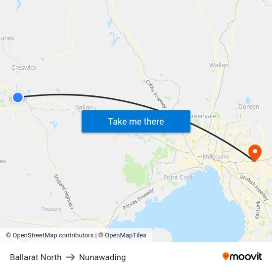 Ballarat North to Nunawading map