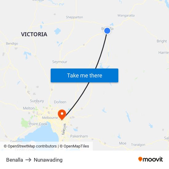 Benalla to Nunawading map