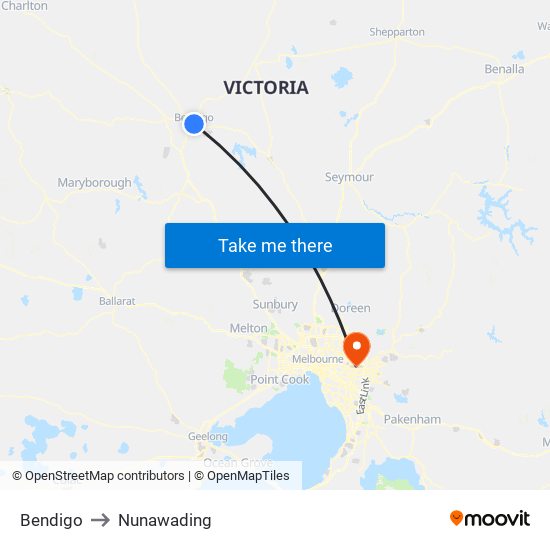 Bendigo to Nunawading map