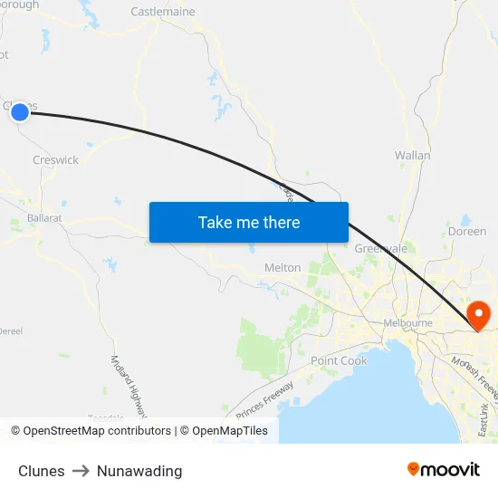 Clunes to Nunawading map