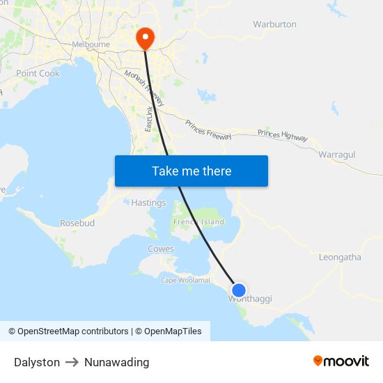 Dalyston to Nunawading map