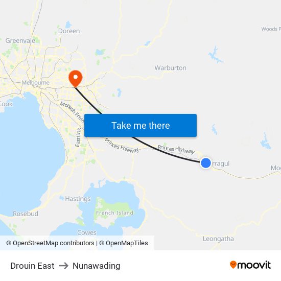 Drouin East to Nunawading map