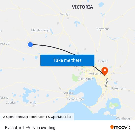 Evansford to Nunawading map