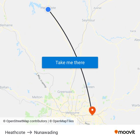 Heathcote to Nunawading map