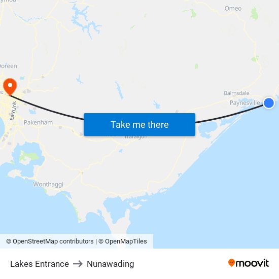 Lakes Entrance to Nunawading map