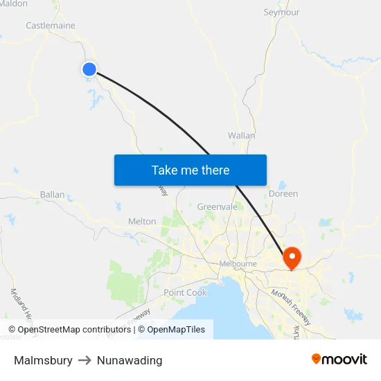 Malmsbury to Nunawading map