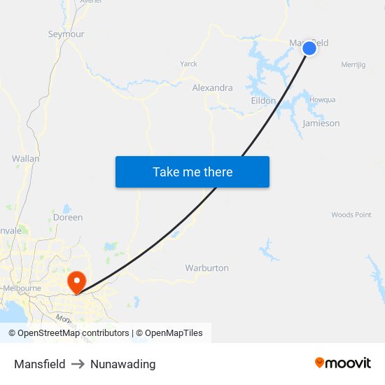 Mansfield to Nunawading map