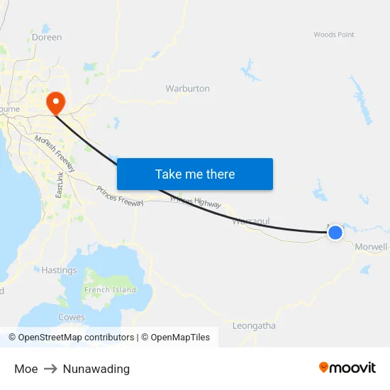 Moe to Nunawading map