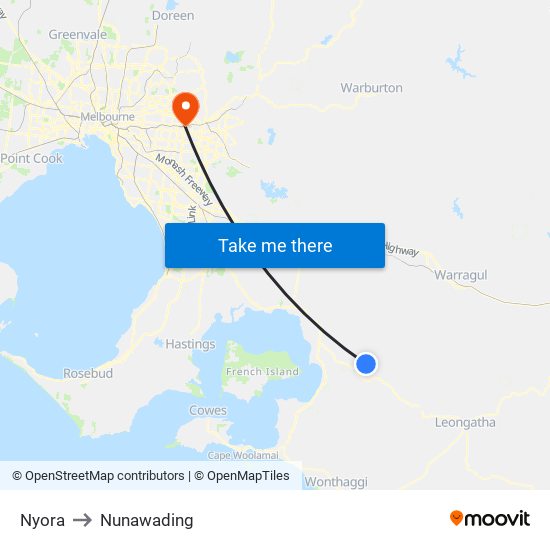 Nyora to Nunawading map