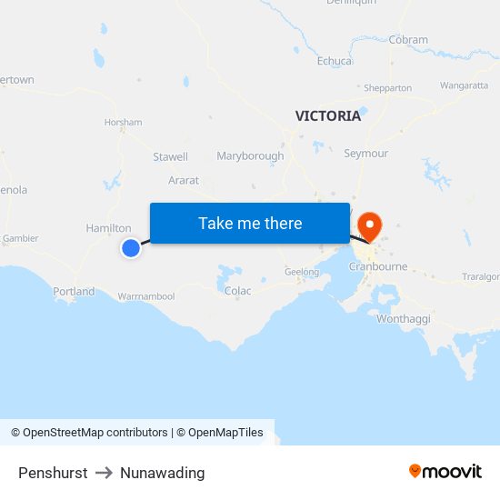 Penshurst to Nunawading map