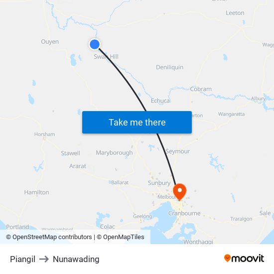 Piangil to Nunawading map