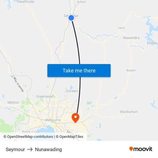 Seymour to Nunawading map