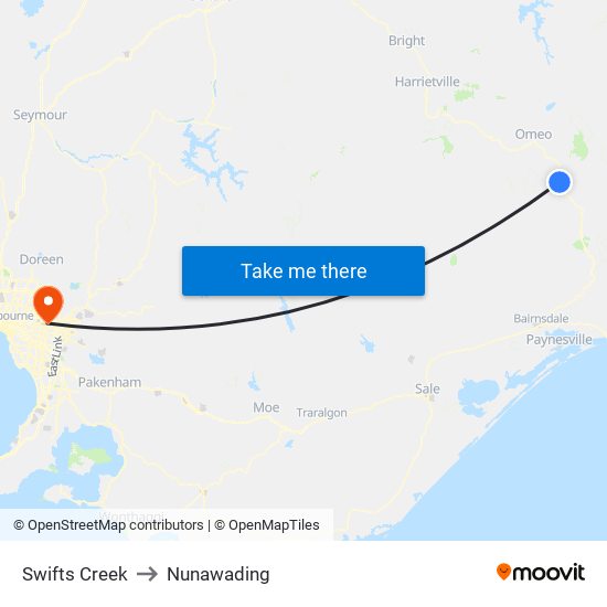 Swifts Creek to Nunawading map